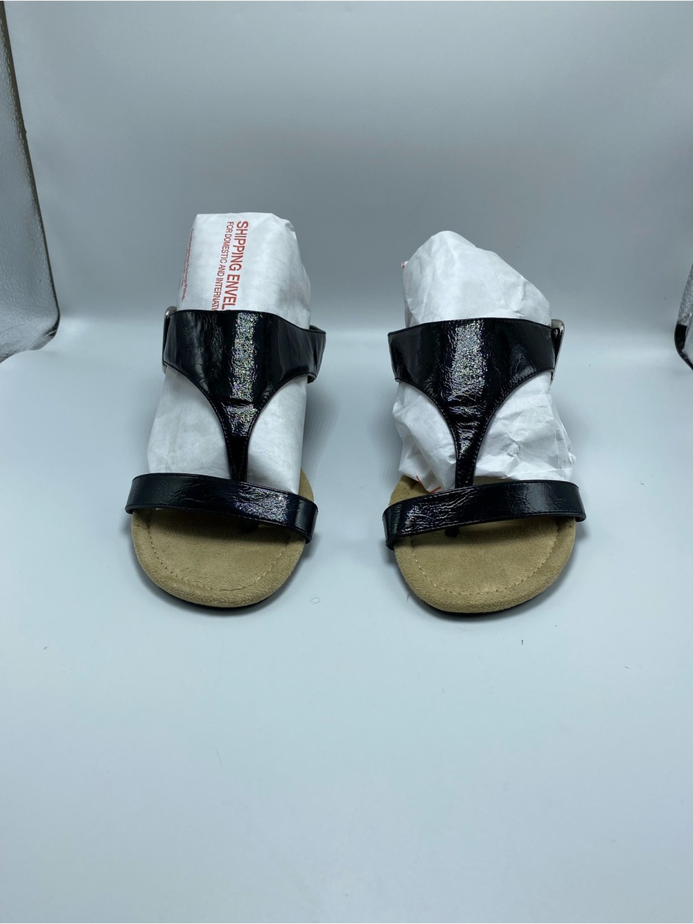Women's Black Patent Wedge Sandals with T-Strap